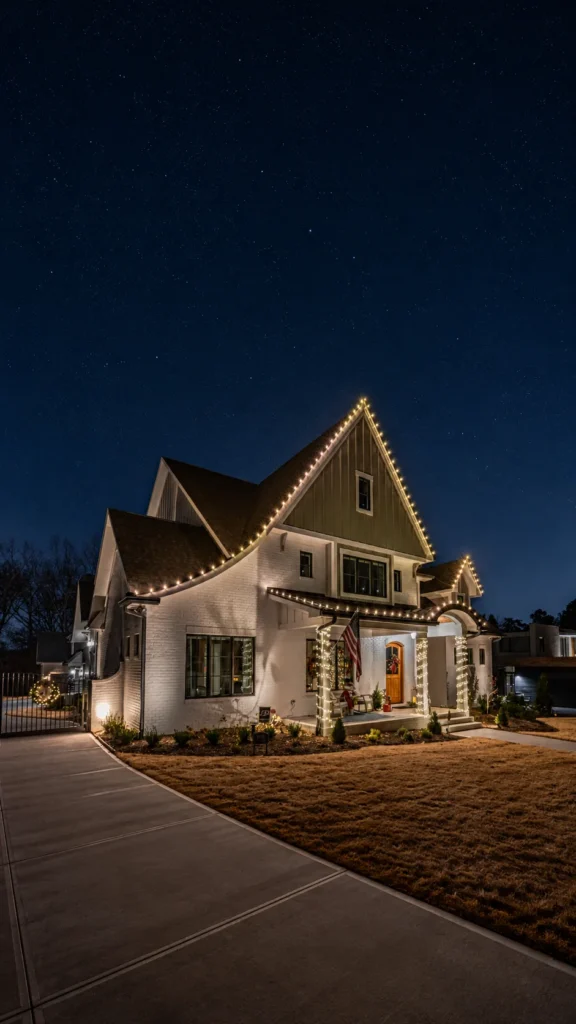 Vertical nighttime photo of a home with warm white roofline and entry Christmas lights